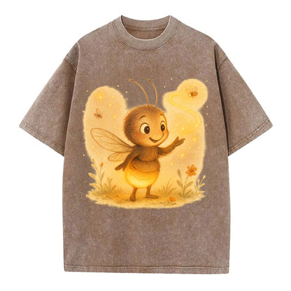 Firefly choreographer arranging synchronized light patterns over a meadow stage - Vintage T-shirt - Brown