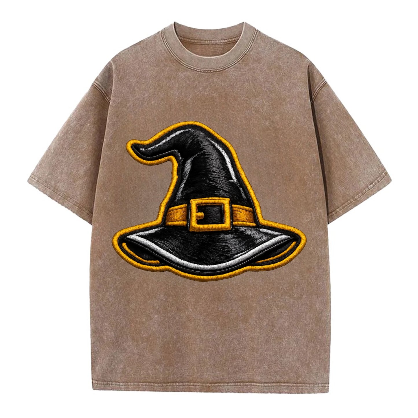 WITCH HAT - pointed hat with buckle in black and gold , coven - Vintage T-shirt - Brown