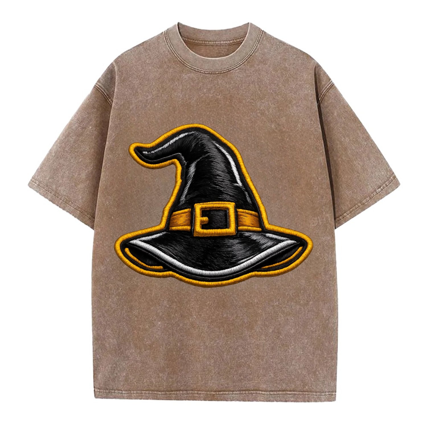 WITCH HAT - pointed hat with buckle in black and gold , coven - Vintage T-shirt - Brown