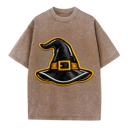WITCH HAT - pointed hat with buckle in black and gold , coven - Vintage T-shirt - Brown