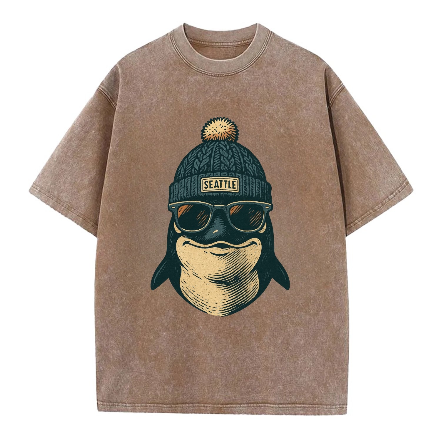 Washington Orca wearing Seattle beanie with pom pom and wayfarer sunglasses - Vintage T-shirt - Brown