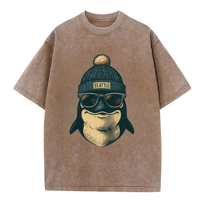 Washington Orca wearing Seattle beanie with pom pom and wayfarer sunglasses - Vintage T-shirt - Brown