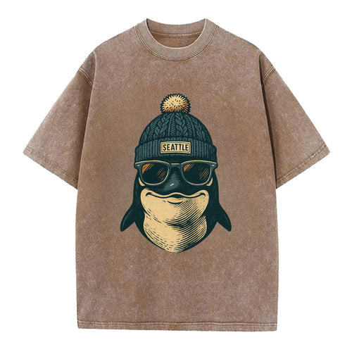 Washington Orca wearing Seattle beanie with pom pom and wayfarer sunglasses - Vintage T-shirt