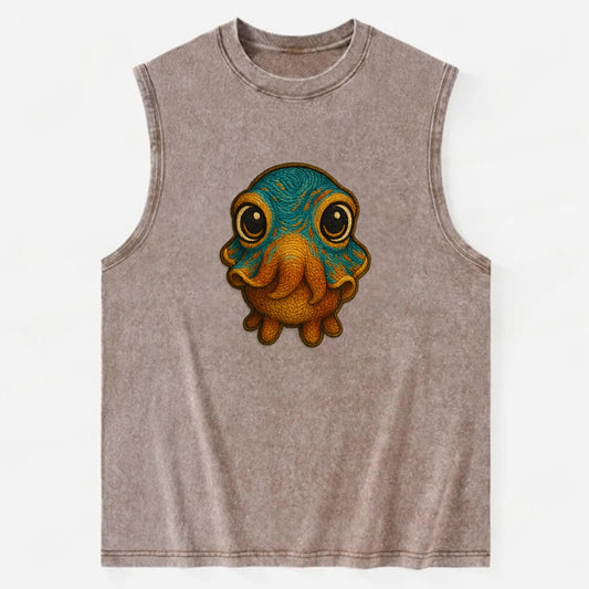 Baby Cuttlefish - color-changing skin, W-shaped pupil, front-facing, hypnotic - Vintage Washed Tank - Brown