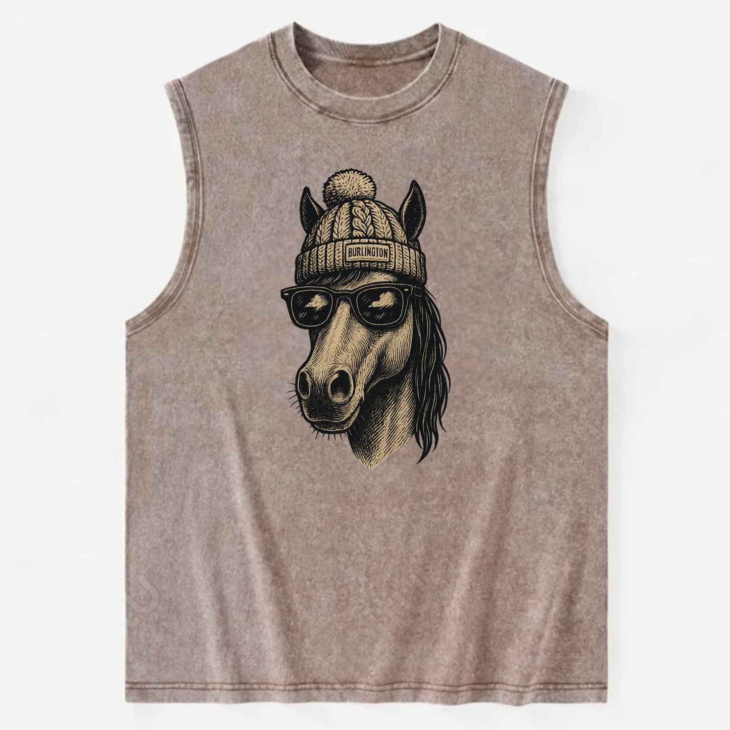 Vermont Morgan Horse wearing Burlington beanie with pom pom and wayfarer - Vintage Washed Tank - Brown