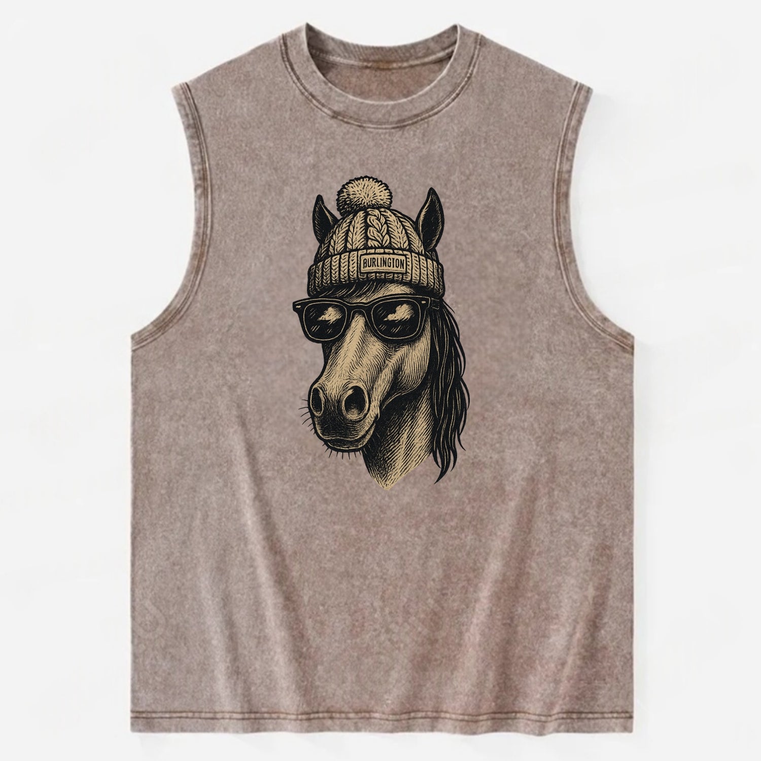 Vermont Morgan Horse wearing Burlington beanie with pom pom and wayfarer - Vintage Washed Tank - Brown