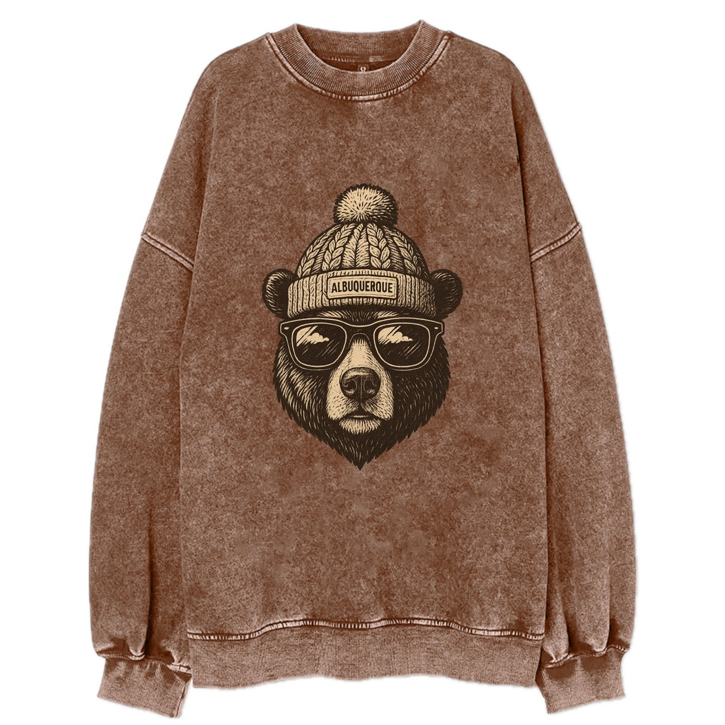 New Mexico Black Bear wearing Albuquerque beanie with pom pom and wayfarer - Vintage Sweatshirt - Brown