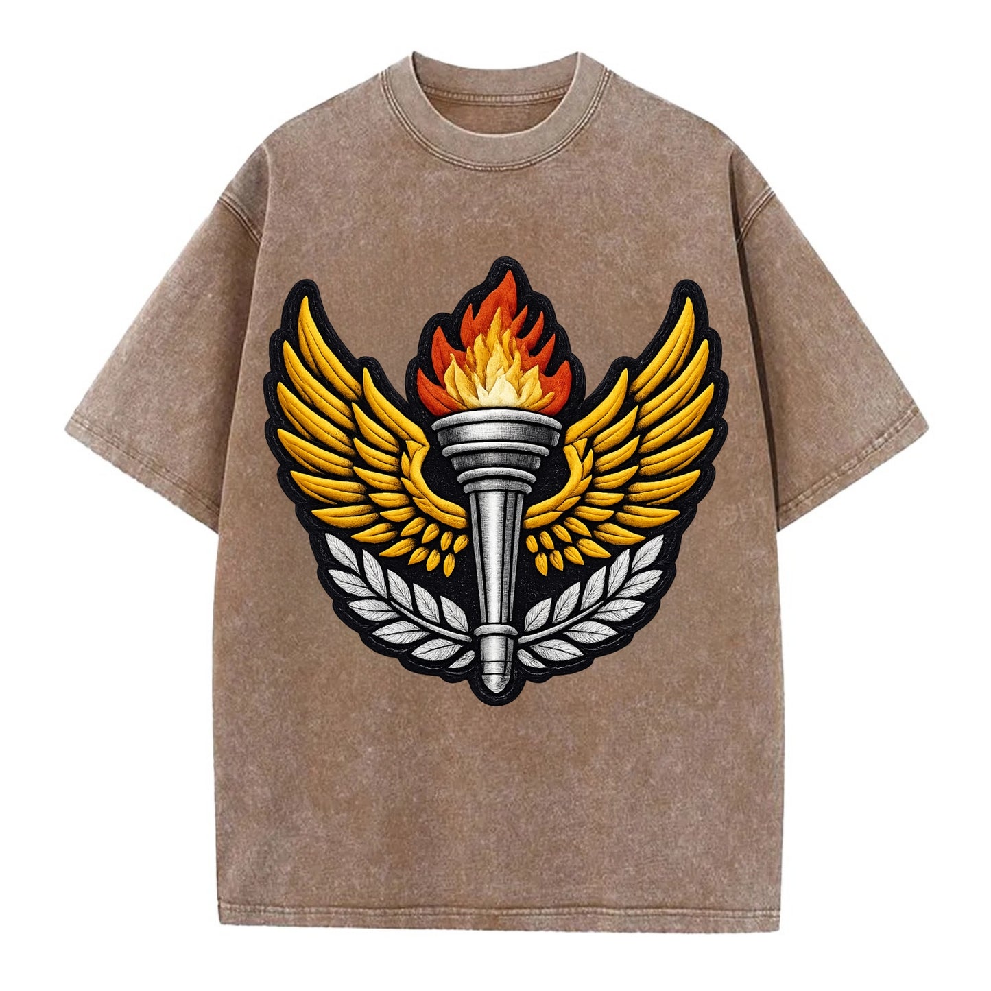 Embroidered patch design - TRACK AND FIELD TORCH - Olympic style torch with wings - Vintage T-shirt - Brown