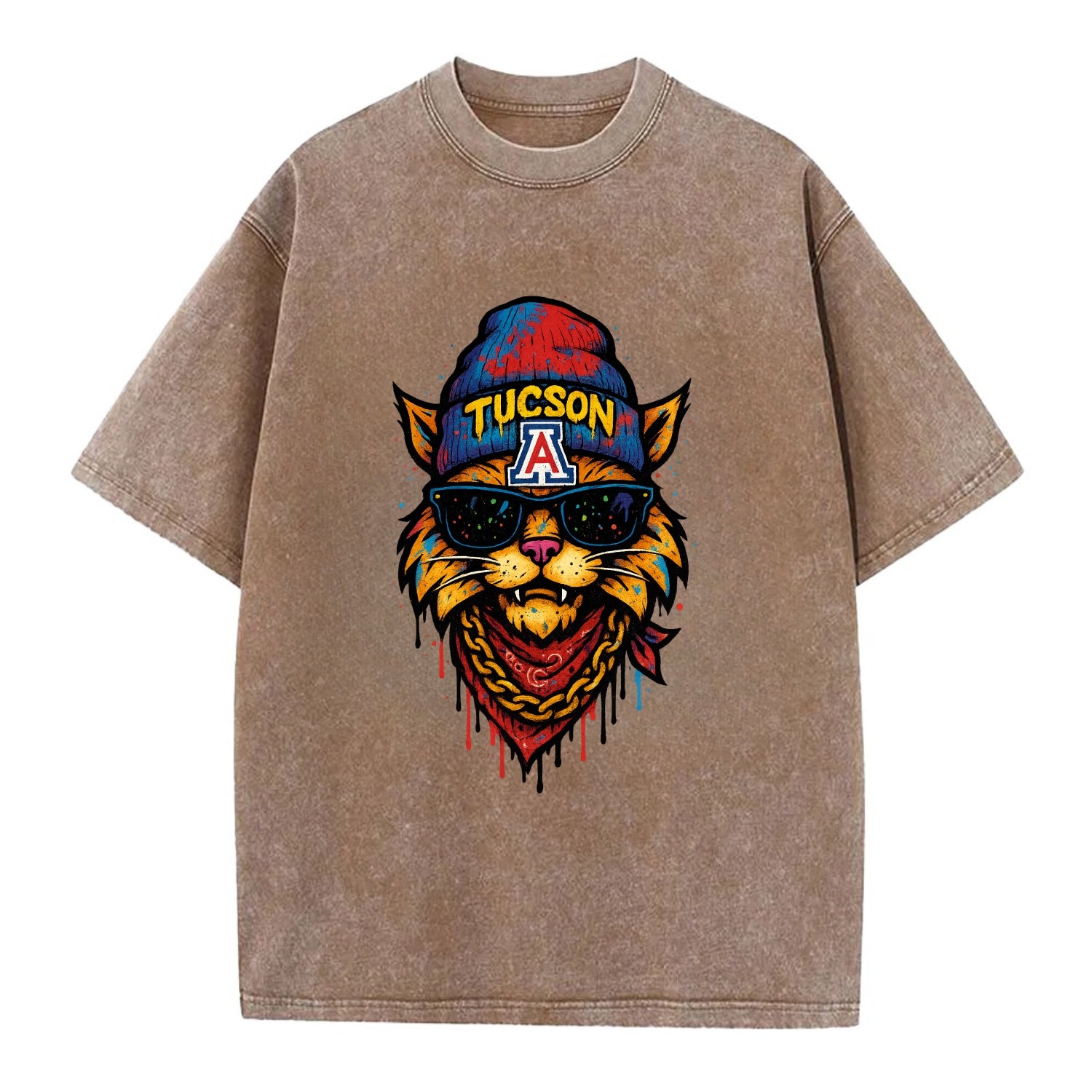 Tucson Wildcat wearing Arizona beanie with A patch - Vintage T-shirt - Brown