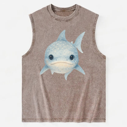 Baby Whale Shark - spotted blue-gray, wide mouth closed, tiny eyes, - Vintage Washed Tank - Brown