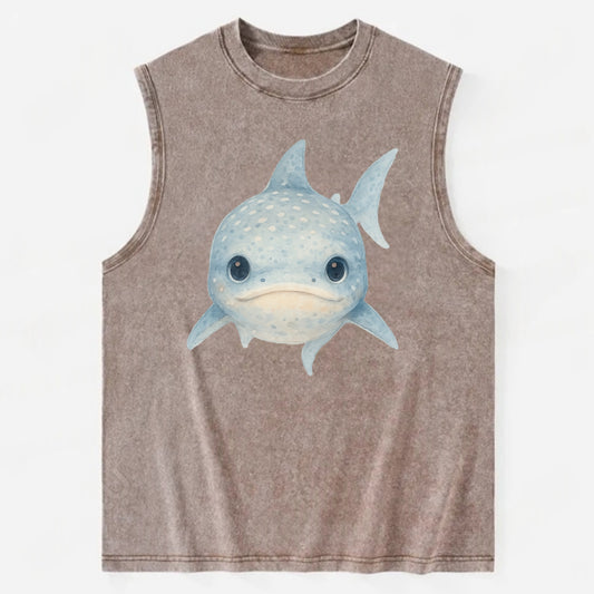 Baby Whale Shark - spotted blue-gray, wide mouth closed, tiny eyes, - Vintage Washed Tank - Brown