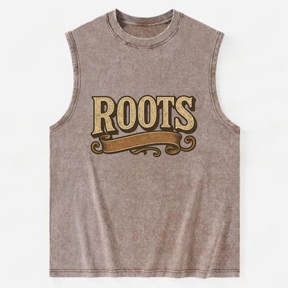 Bold typography design - "ROOTS" - where you come from, heritage - Vintage Washed Tank - Brown