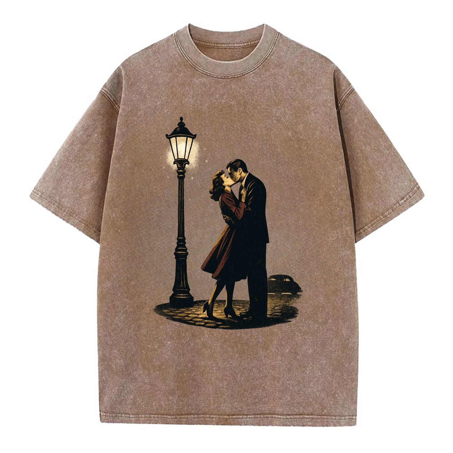 first kiss under vintage street lamp on cobblestone at night - Vintage T-shirt - Brown