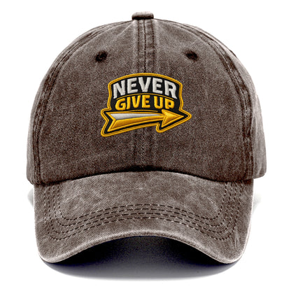 NEVER GIVE UP - bold text with arrow in gold , determination - Classic Cap - Brown