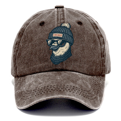 Chicago Pigeon wearing Chicago beanie with pom pom and wayfarer sunglasses - Classic Cap - Brown
