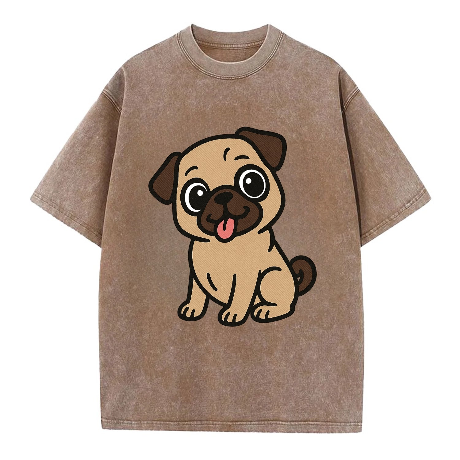 Pug - Tilted head with tongue out - Vintage T-shirt - Brown