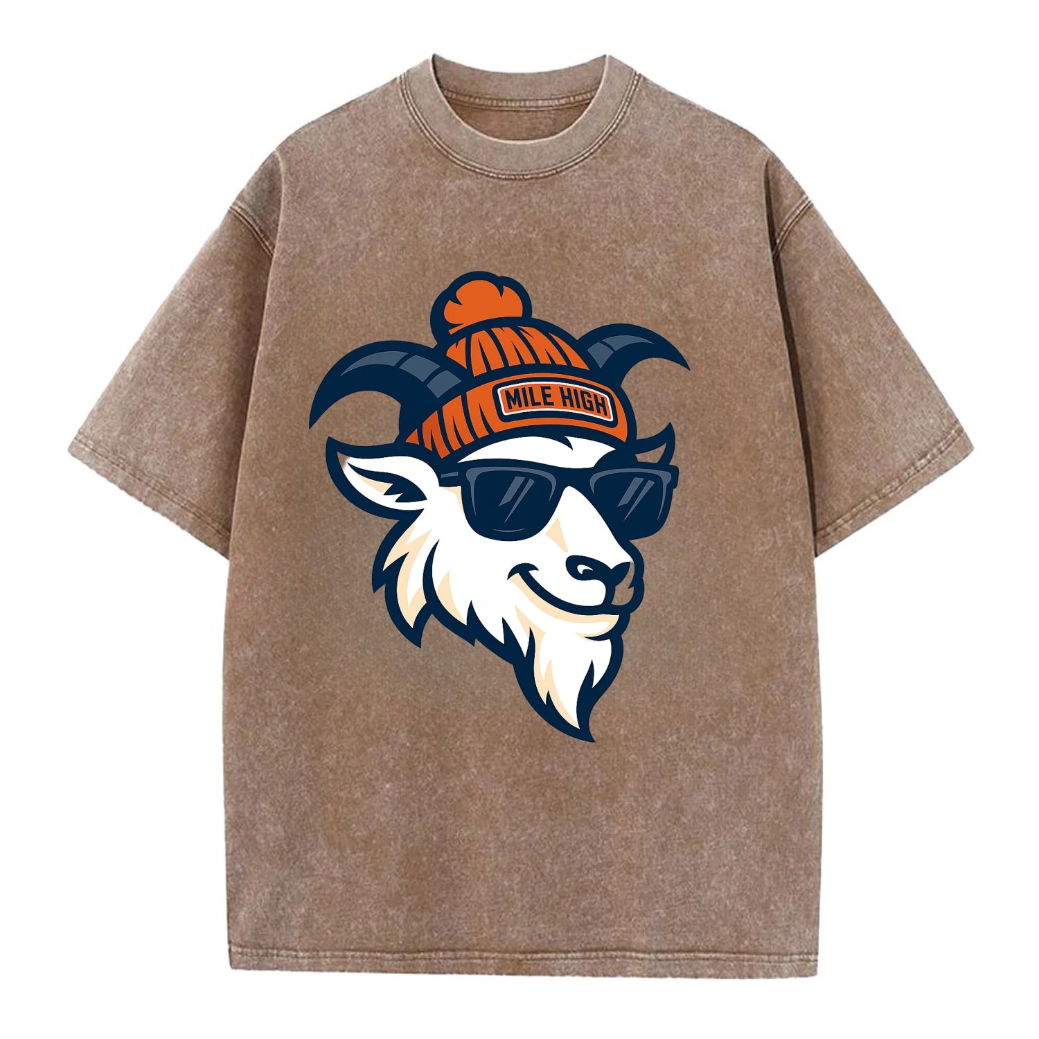Denver Mountain Goat wearing Broncos beanie with Mile High patch and wayfarer - Vintage T-shirt - Brown