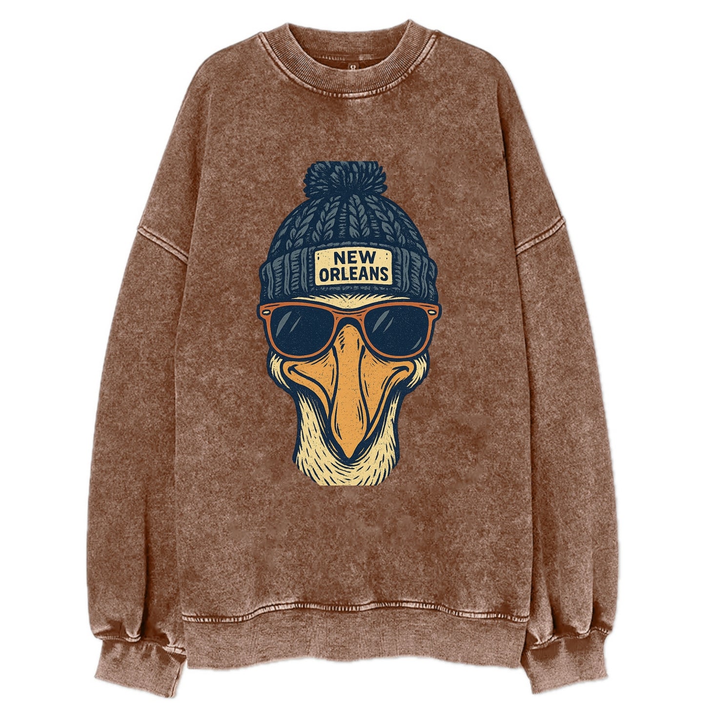 New Orleans Pelican wearing New Orleans beanie with pom pom and wayfarer - Vintage Sweatshirt - Brown