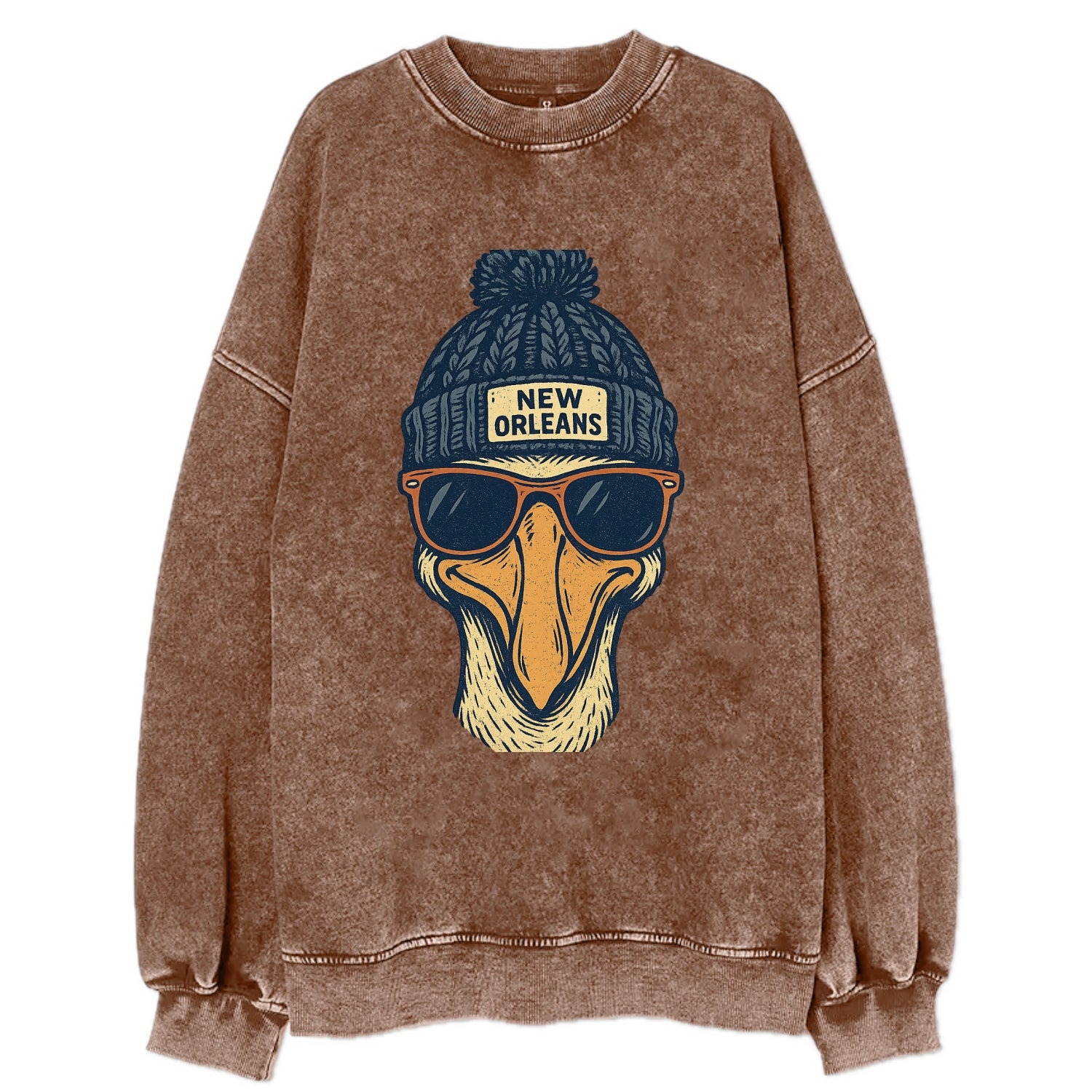 New Orleans Pelican wearing New Orleans beanie with pom pom and wayfarer - Vintage Sweatshirt - Brown