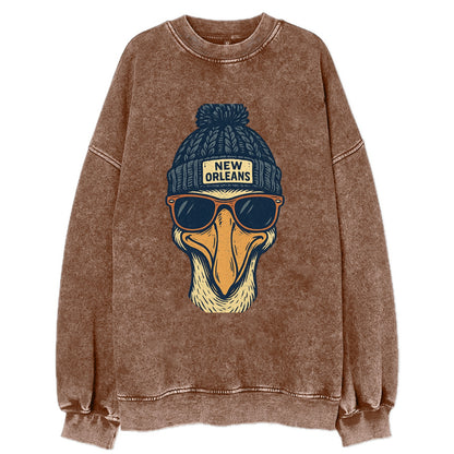 New Orleans Pelican wearing New Orleans beanie with pom pom and wayfarer - Vintage Sweatshirt - Brown