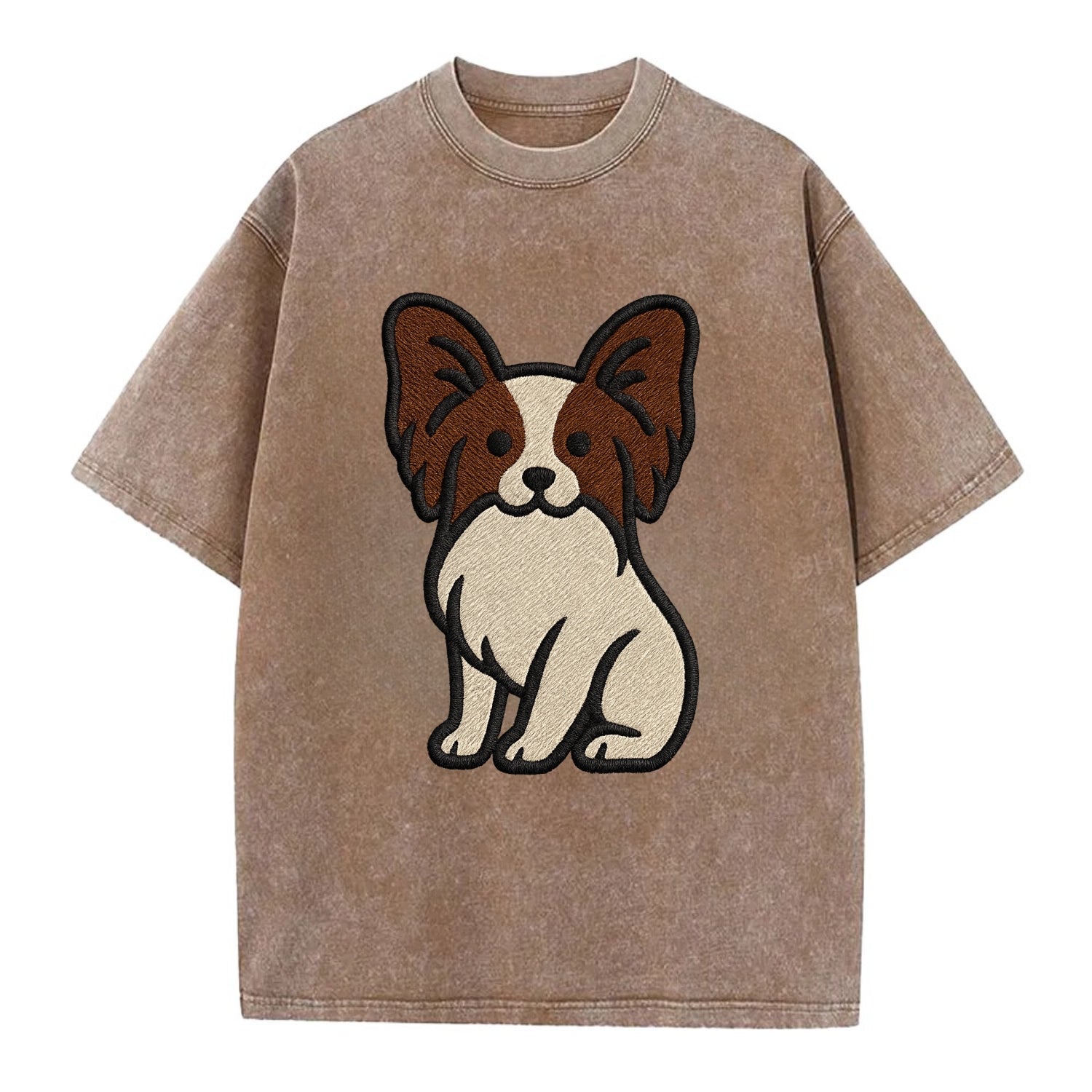 Papillon - White with brown ears sitting Vintage T-shirt - Brown