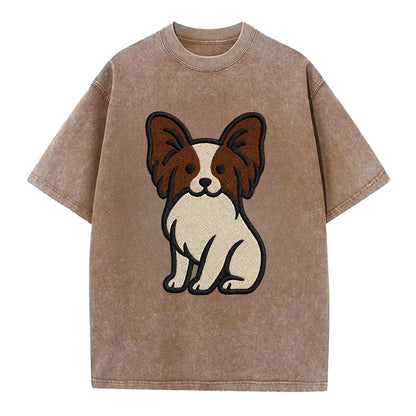 Papillon - White with brown ears sitting Vintage T-shirt - Brown