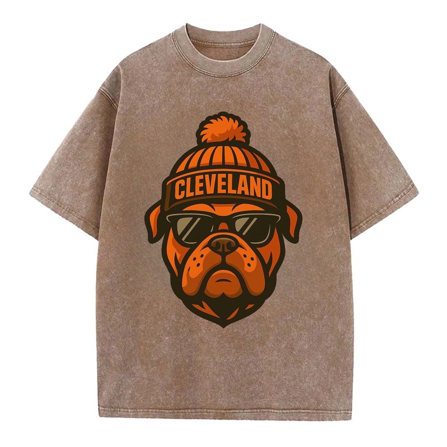 Cleveland Bulldog wearing Browns orange and brown beanie with pom pom and - Vintage T-shirt - Brown