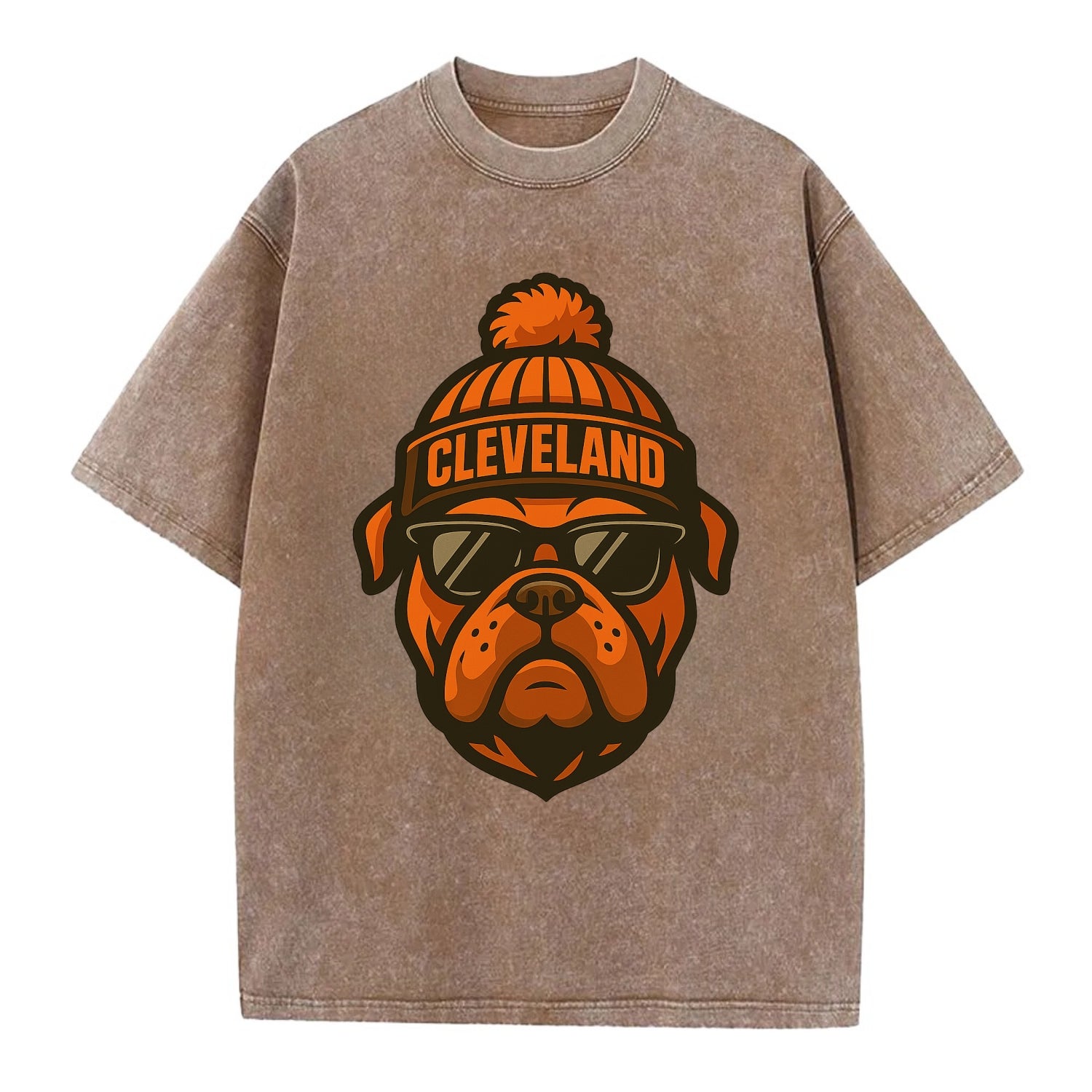 Cleveland Bulldog wearing Browns orange and brown beanie with pom pom and - Vintage T-shirt - Brown