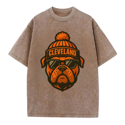 Cleveland Bulldog wearing Browns orange and brown beanie with pom pom and - Vintage T-shirt - Brown
