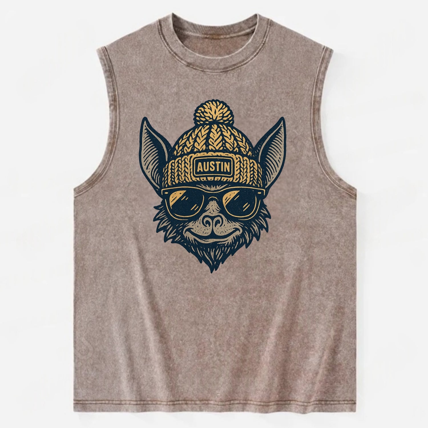 Austin Bat wearing Austin beanie with pom pom and wayfarer sunglasses - Vintage Washed Tank - Brown