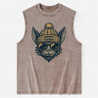 Austin Bat wearing Austin beanie with pom pom and wayfarer sunglasses - Vintage Washed Tank - Brown