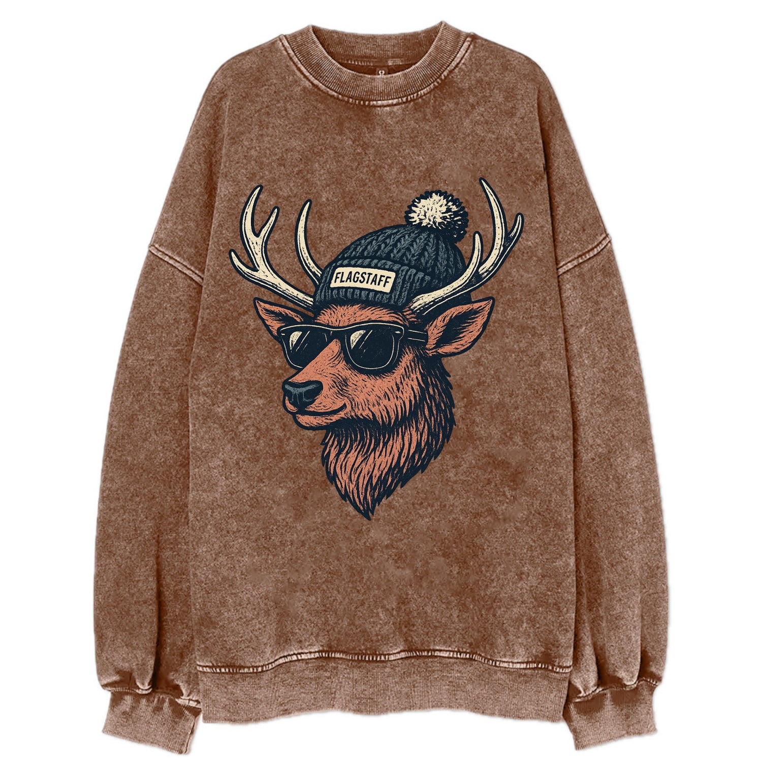 Flagstaff Elk wearing Flagstaff beanie with pom pom and wayfarer sunglasses - Vintage Sweatshirt - Brown