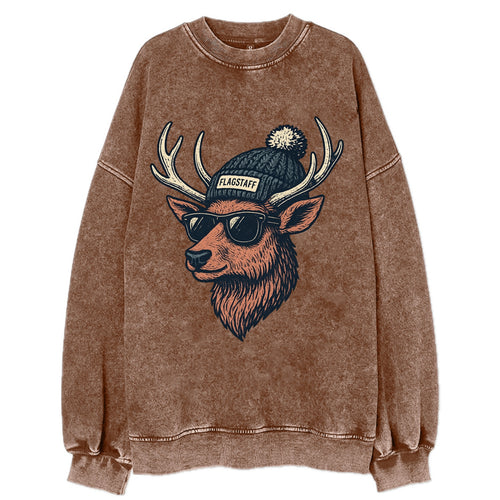 Flagstaff Elk wearing Flagstaff beanie with pom pom and wayfarer sunglasses - Vintage Sweatshirt