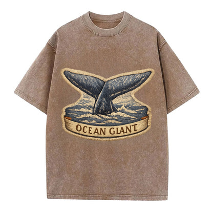 WHALE TAIL - diving whale in blue and gray , ocean giant - Vintage T-shirt - Brown