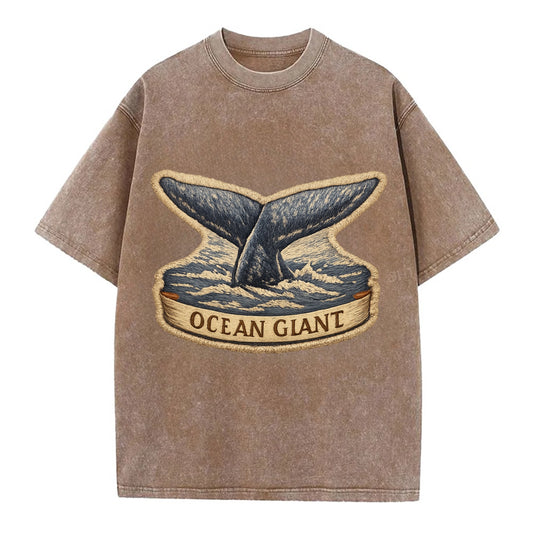WHALE TAIL - diving whale in blue and gray , ocean giant - Vintage T-shirt - Brown