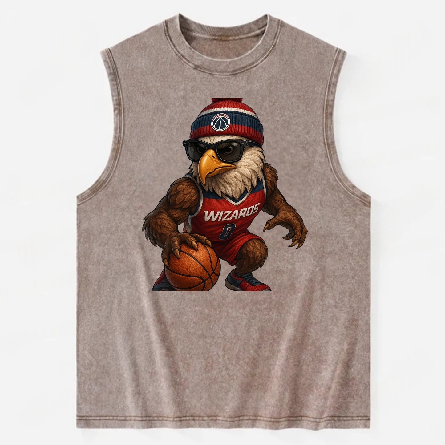 DC Eagle wearing Wizards red white and blue beanie with monument patch and - Vintage Washed Tank - Brown