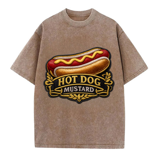 HOT DOG MUSTARD - classic hot dog in tan yellow red , ballpark food - Vintage T-shirt - Brown