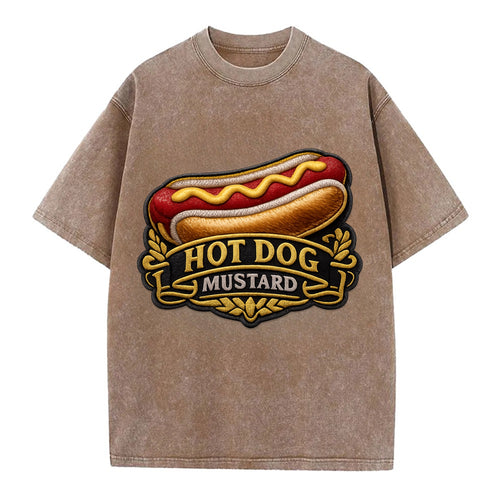 HOT DOG MUSTARD - classic hot dog in tan yellow red , ballpark food - Vintage T-shirt
