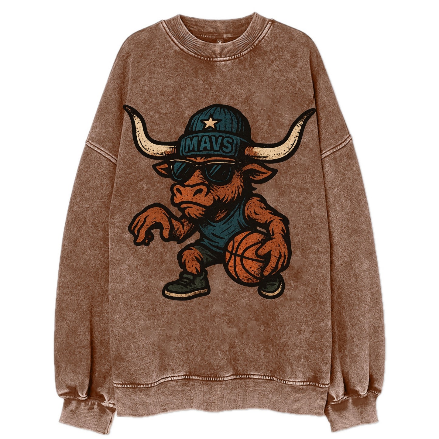Texas Longhorn wearing Mavs beanie with lone star patch and wayfarer sunglasses - Vintage Sweatshirt - Brown