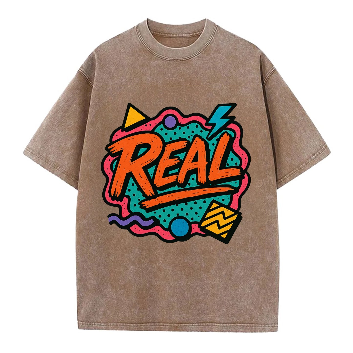 Imperfect brush strokes spelling "Real" - authenticity over perfection, raw and - Vintage T-shirt - Brown