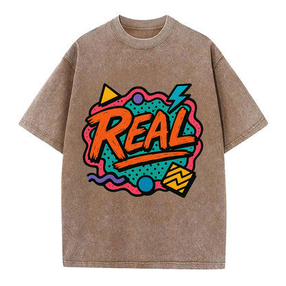 Imperfect brush strokes spelling "Real" - authenticity over perfection, raw and - Vintage T-shirt - Brown