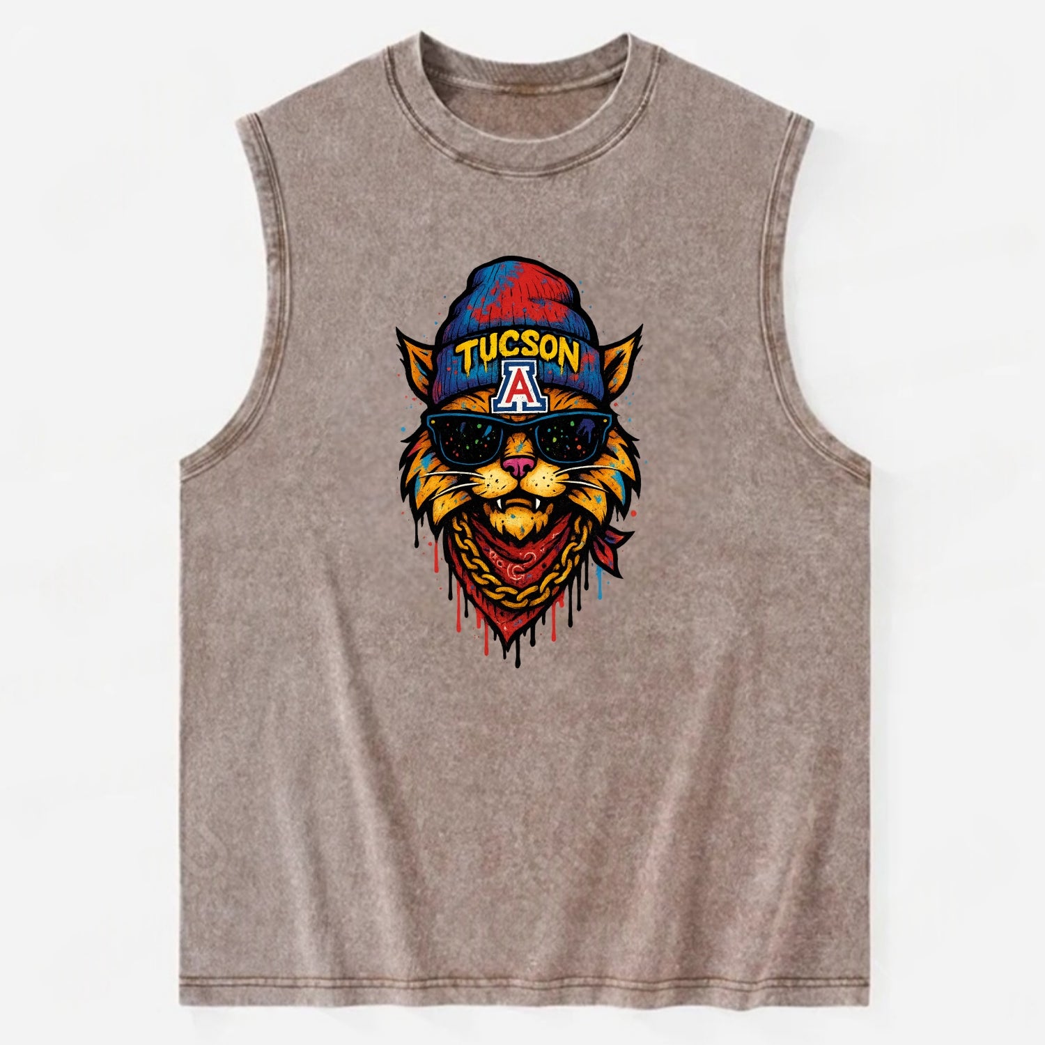 Tucson Wildcat wearing Arizona beanie with A patch - Vintage Washed Tank - Brown