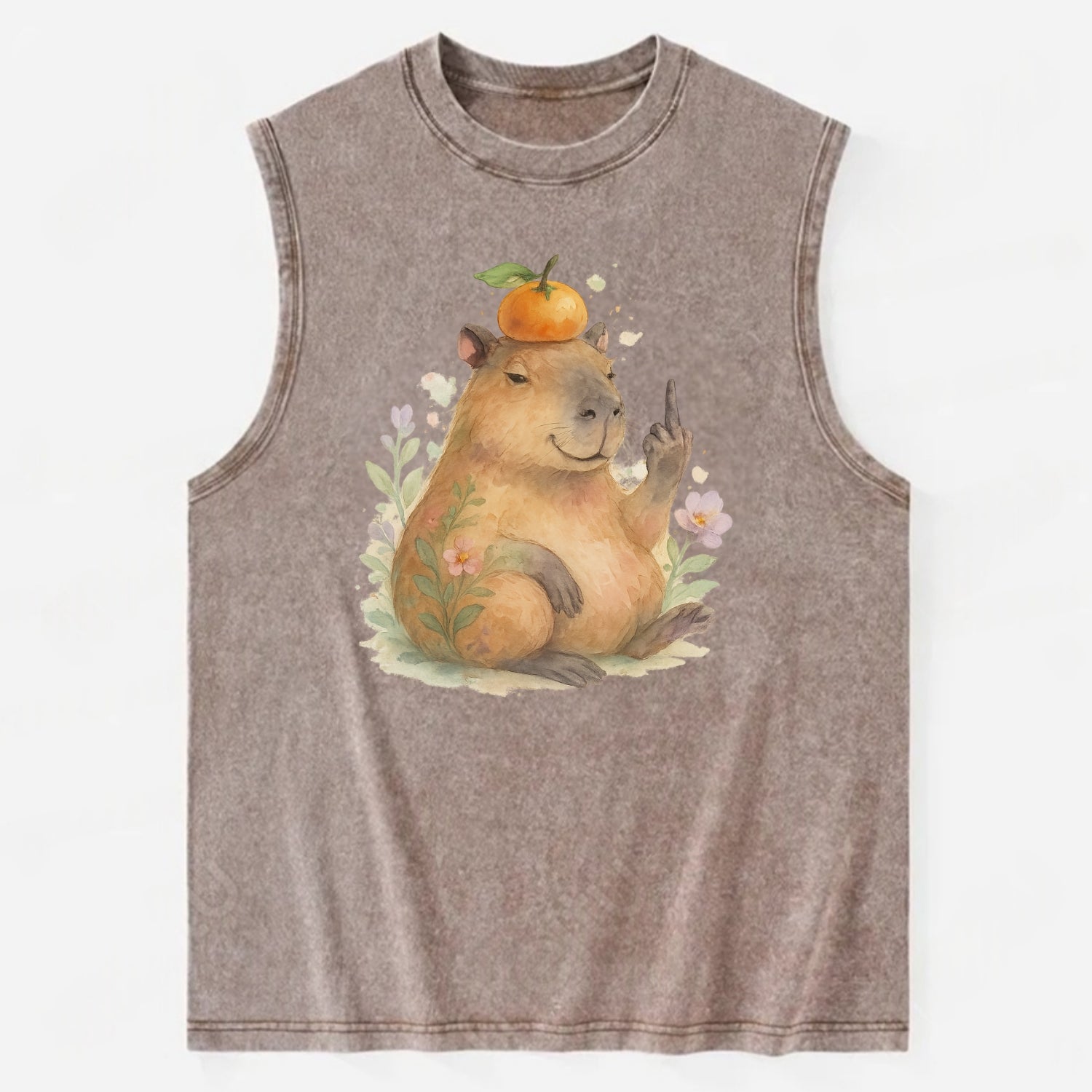 chonky capybara relaxing with orange on head, one webbed middle finger up - Vintage Washed Tank - Brown