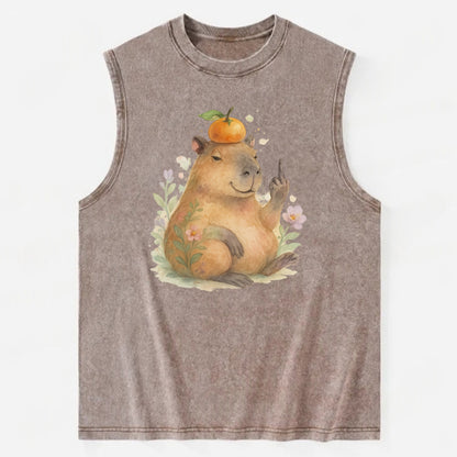 chonky capybara relaxing with orange on head, one webbed middle finger up - Vintage Washed Tank - Brown