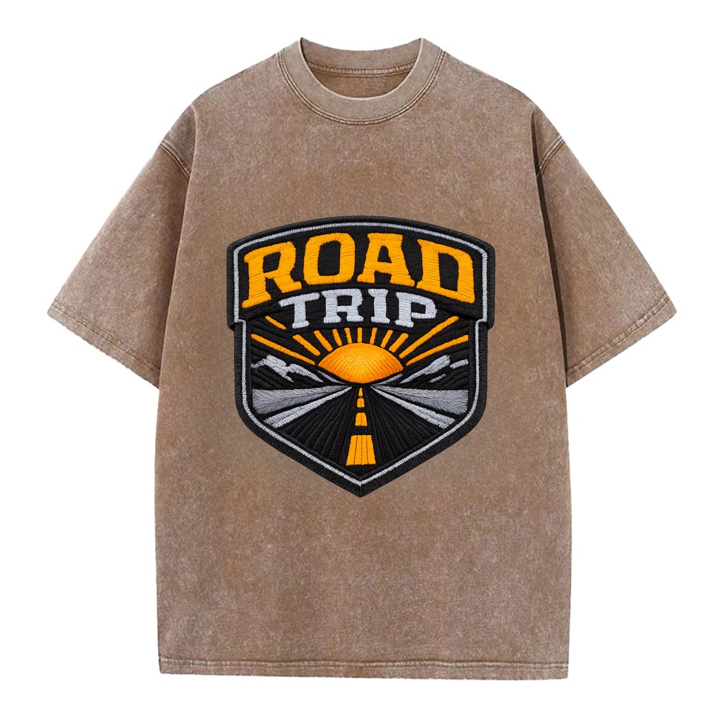 ROAD TRIP - highway and sun in orange and gray , open road - Vintage T-shirt - Brown