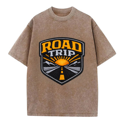 ROAD TRIP - highway and sun in orange and gray , open road - Vintage T-shirt - Brown