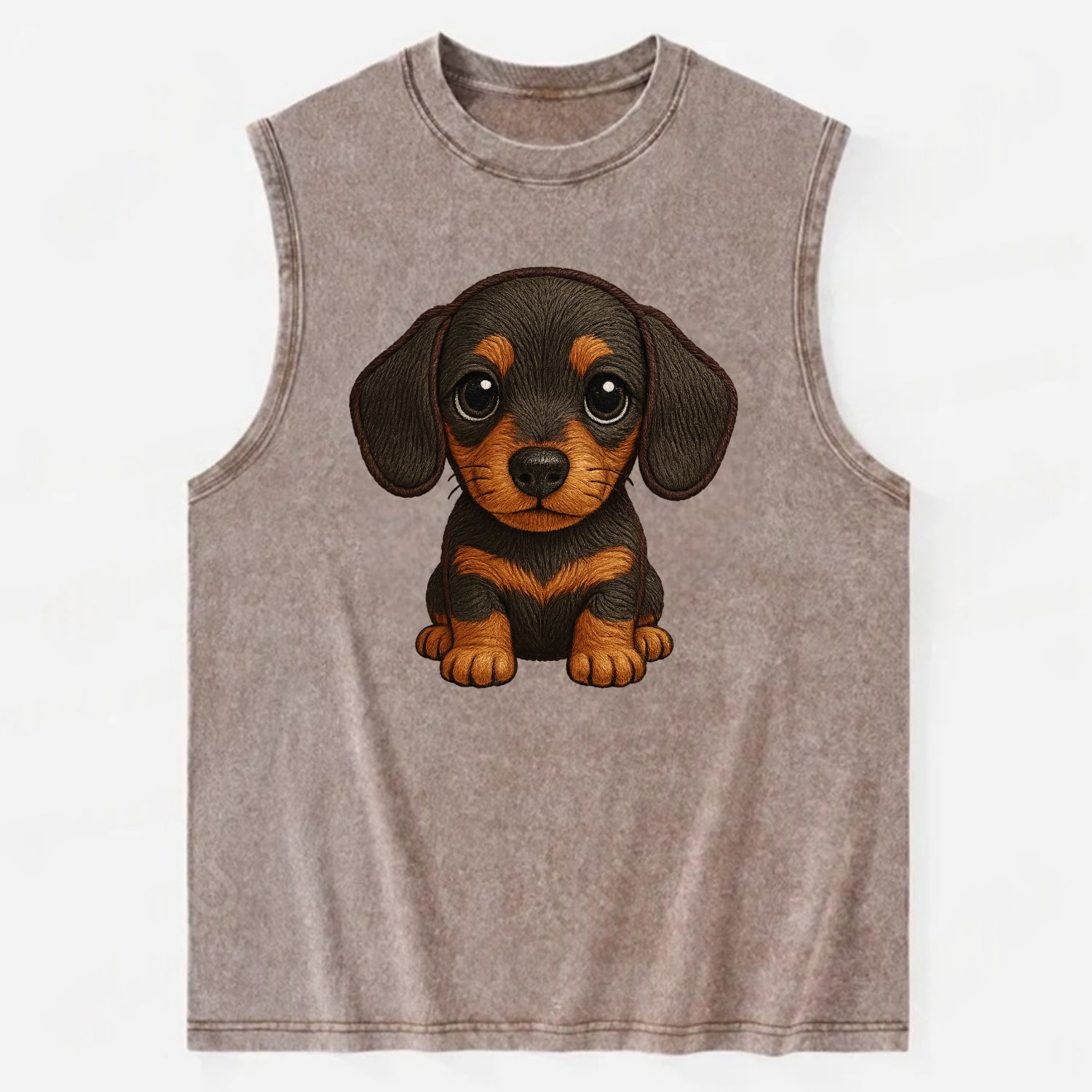 Baby Dachshund Puppy - long body, short legs, floppy ears, curious eyes, - Vintage Washed Tank - Brown
