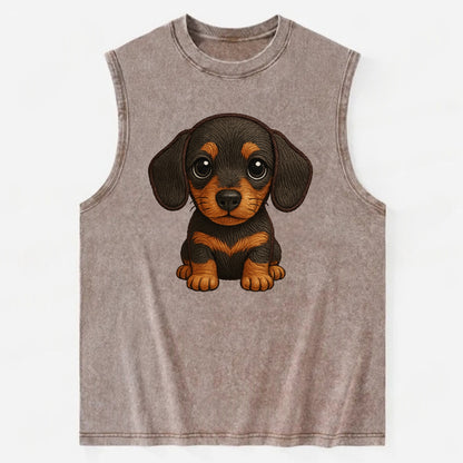 Baby Dachshund Puppy - long body, short legs, floppy ears, curious eyes, - Vintage Washed Tank - Brown