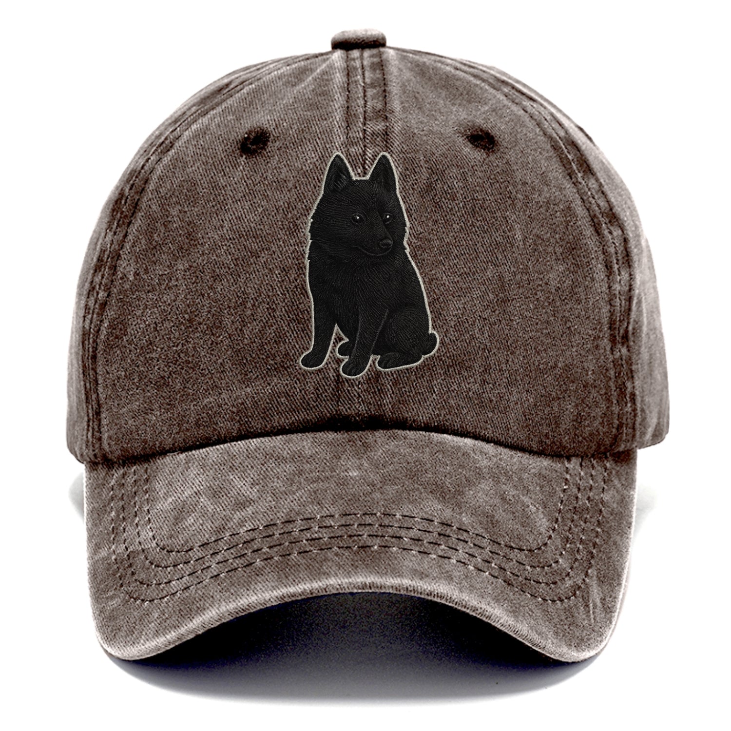 Schipperke - Solid black small embroidered sitting pose - Classic Cap - Brown