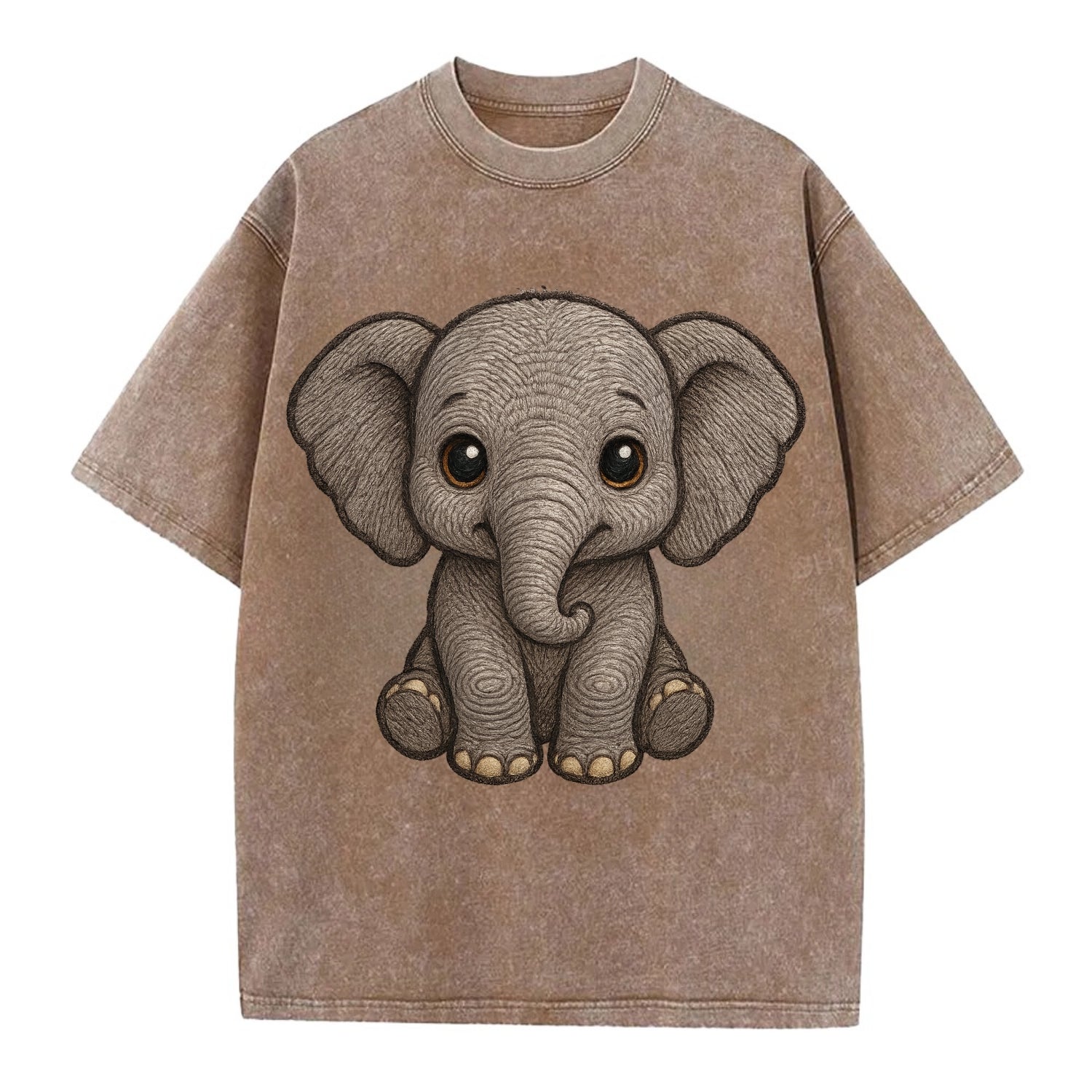 Baby Elephant - gray wrinkly, tiny trunk, large floppy ears, kind dark eyes, - Vintage T-shirt - Brown